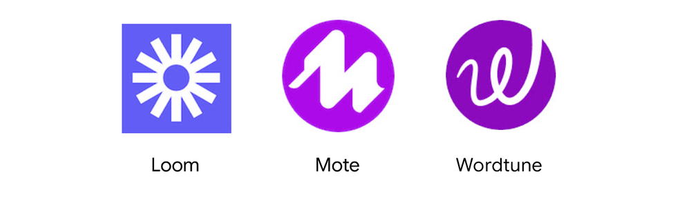 Loom、Mote 和 Wordtune 的三个图标并排。 最左边的图标有一个蓝色的方形背景，中间有一个白色的星芒，下面标有“Loom”。 中间的图标有一个紫色的圆形背景，中间有一个草书“M”，下方标有“Mote”。 最右边的图标有一个深紫色的圆形背景，带有草书“W”，下方标有“Wordtune”。