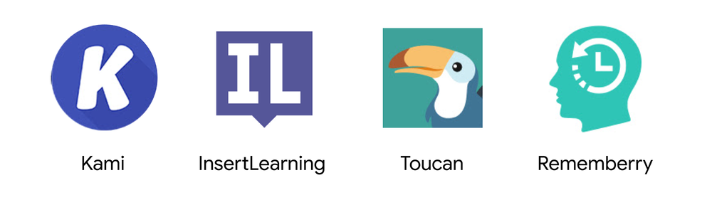 Kami、InsertLearning、Toucan 和 Rememberry 的四个图标并排。 最左边的图标有一个圆形的蓝色背景，中间有一个白色的粗体“K”，下面标有“Kami”。 其右侧的图标为深紫色方形背景，中间有一个粗体“IL”，下方标有“InsertLearning”。 其右侧的图标有绿色背景，前景是一只巨嘴鸟，在其下方标有“巨嘴鸟”。 最右边的图标有一个透明的背景，一个人头轮廓朝左，一个圆圈，一端有一个箭头，指向逆时针方向。 在下面，它被标记为“记忆”。