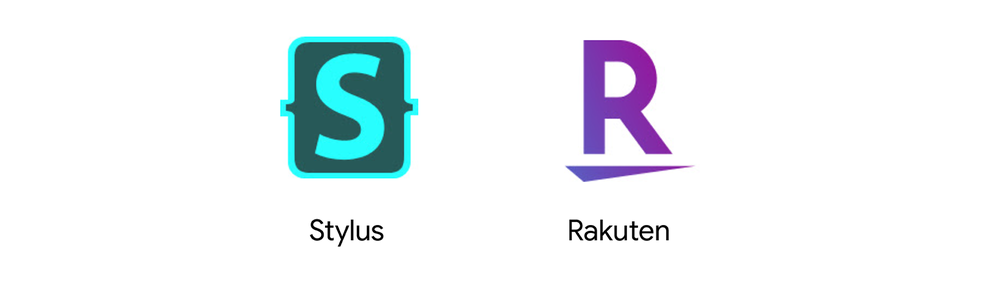 Stylus 和 Rakuten 的两个图标并排。 左边的图标有一个深蓝色的方形背景，有一个浅蓝色的轮廓，中间有一个浅蓝色的“S”，下面标有“手写笔”。 右边的图标有一个透明的背景，中间有一个紫色的“R”并带有下划线，下面标有“Rakuten”。